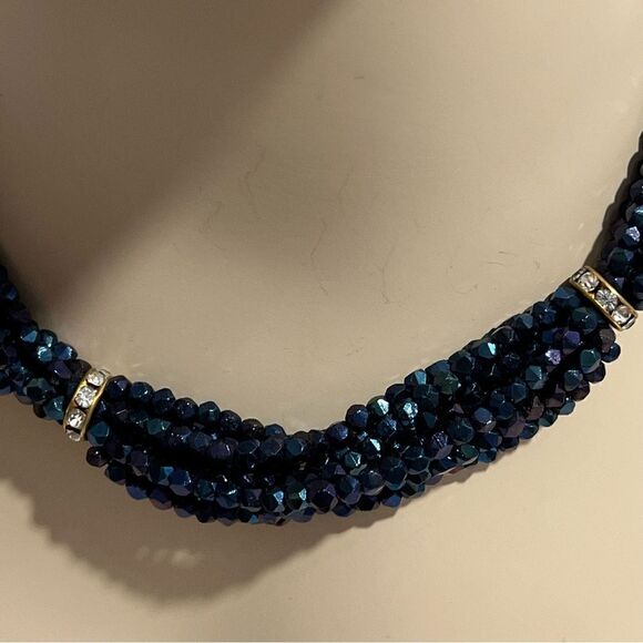 Vintage Iridescent‎ Blue Beaded Diamondesque Rope Choker Necklace - Picture 8 of 11
